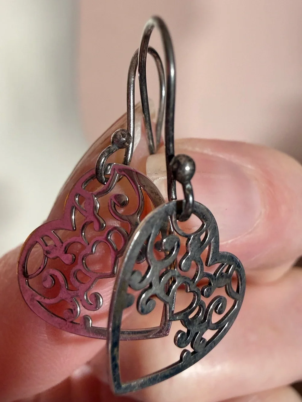 Vintage sterling silver Mexico ATI Filagree southwestern heart Dangle earrings